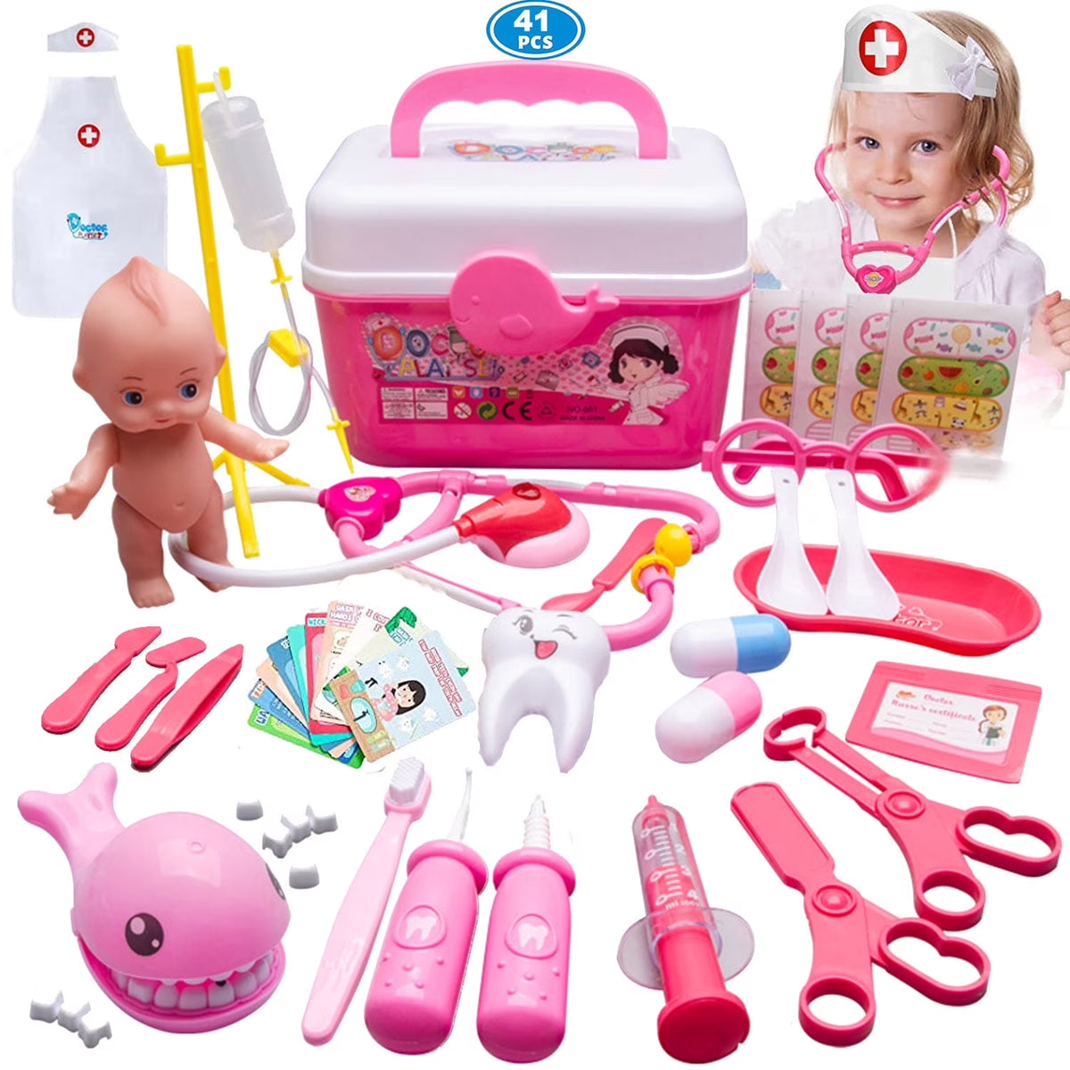 Nimjoy Kids Toy Doctor Kit for Girls 3-6 Years Boys, 41PCS Pink Toy Stethoscope & Braces Medical Kit Preschool Pretend Play Dentist Set Gift to Toddler Birthday Christmas Present
