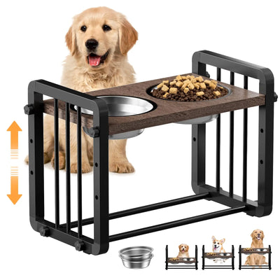Elevated Dog Bowls,Height Adjustable Metal &Wood Dog Bowl with 2 Pack Stainless Steel Dog Food & Water Bowls,Dog Cat Food Bowl 304 Stainless Steel, Elevated Pet Food and Water Bowl Dishes, Elevated Cat Essentials Rechargeable Touch Muzzle Water Elevated