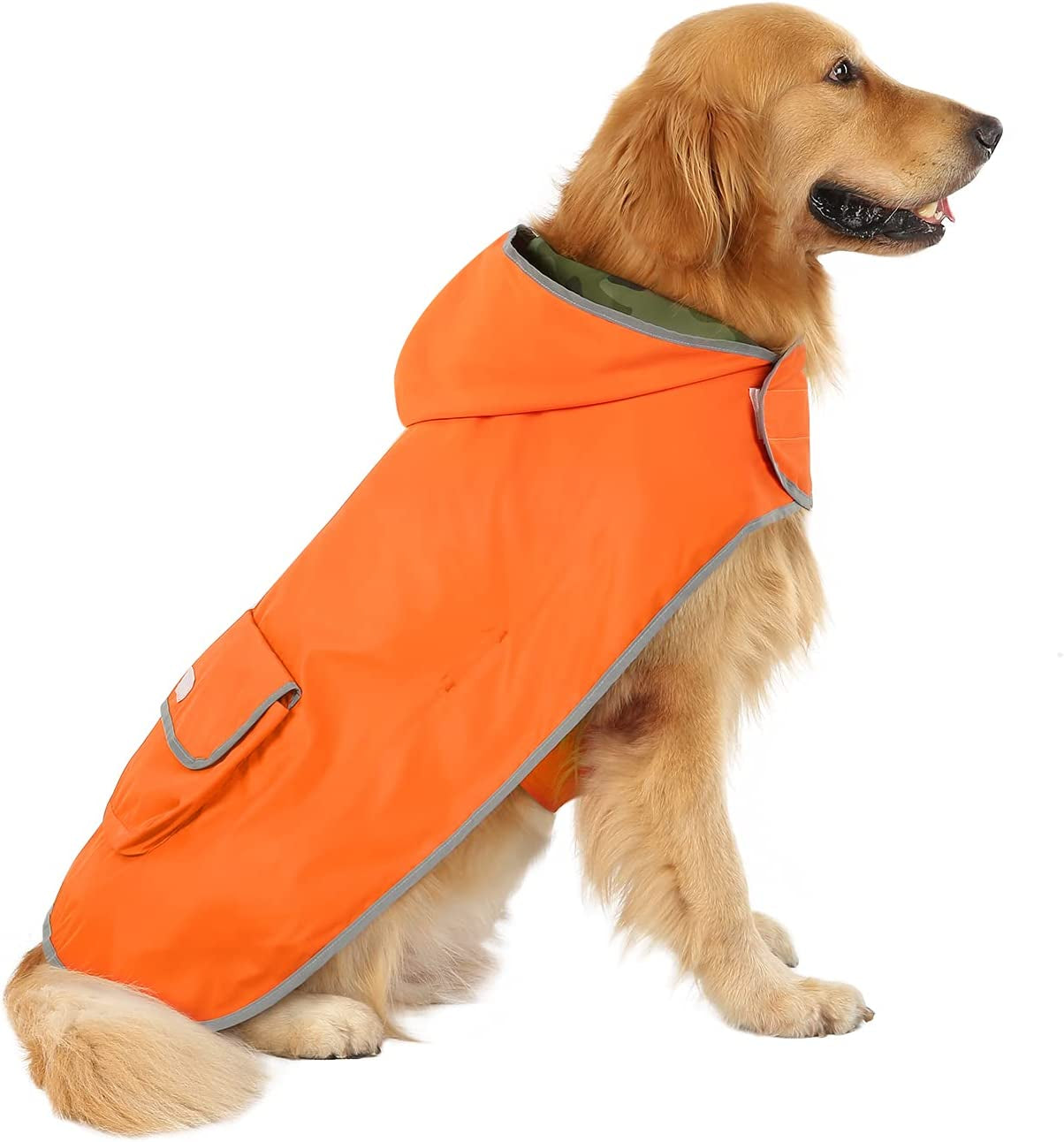HDE Reversible Hooded Dog Raincoat Slicker Poncho for Small Medium Large Dogs - Camo Orange - L - Polyester