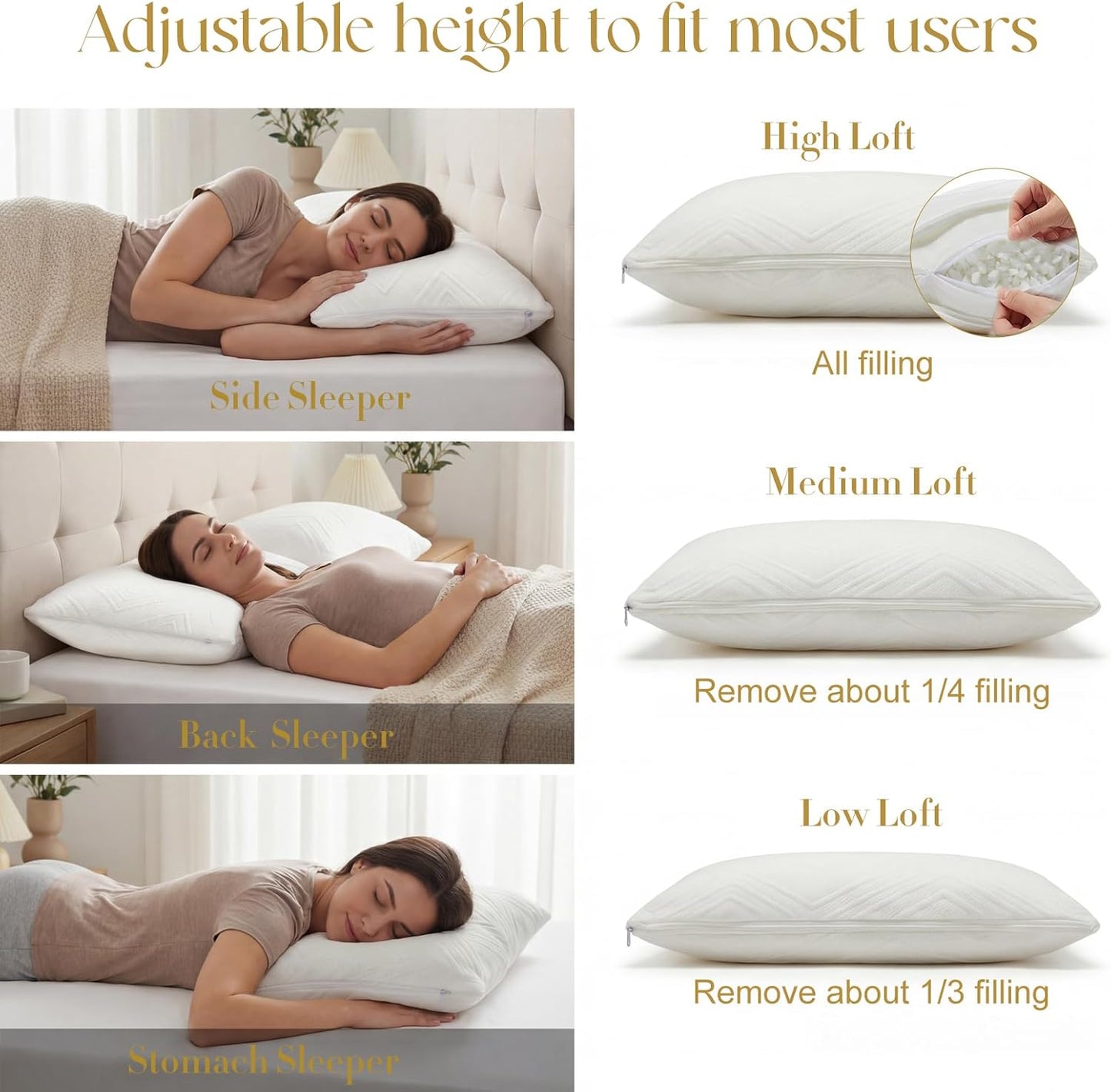 Adjustable Pillows, Standard Size Bed Pillows for Sleeping 2 Pack, Memory Foam Pillows - Medium Firm Back, Stomach and Side Sleeper Pillows
