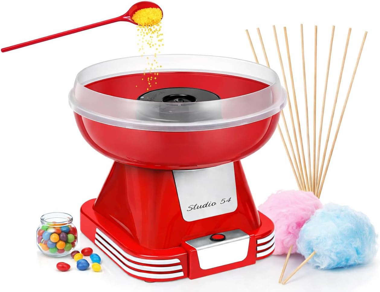 Retro Cotton Candy Machine with Spoon – Cotton Candy Maker for Home, Easy-Use Cotton Candy Machine for Kids, Durable Vintage Design, BPA & Lead-Free, Metallic Red