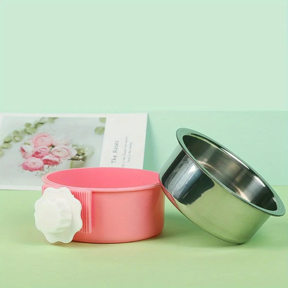 2 Pieces Removable Stainless Steel Crate Dog Bowl for Pet Kennel Hanging Food Water Feeder Bowl Cage Coop Cup in Blue & Pink for Puppy Medium Dog Cat Rabbit Ferret Bird