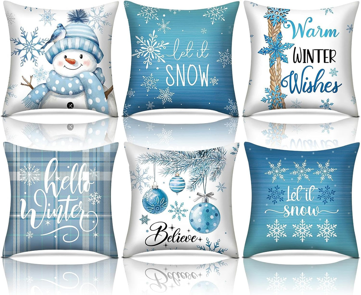 Hunnmingre Set of 6 Blue Christma Snowman Pillow Covers 18 X 18 Inch