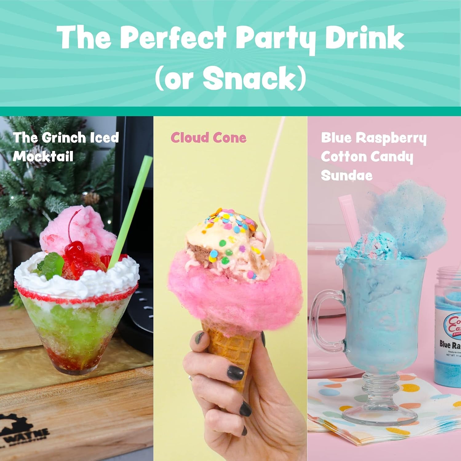 Cotton Candy Express 100-Count Paper Cones with Pink Vanilla, Lime, Blue Raspberry, Watermelon, and Pina Colada 11-Ounce Floss Sugar Jars for Cotton Candy Making