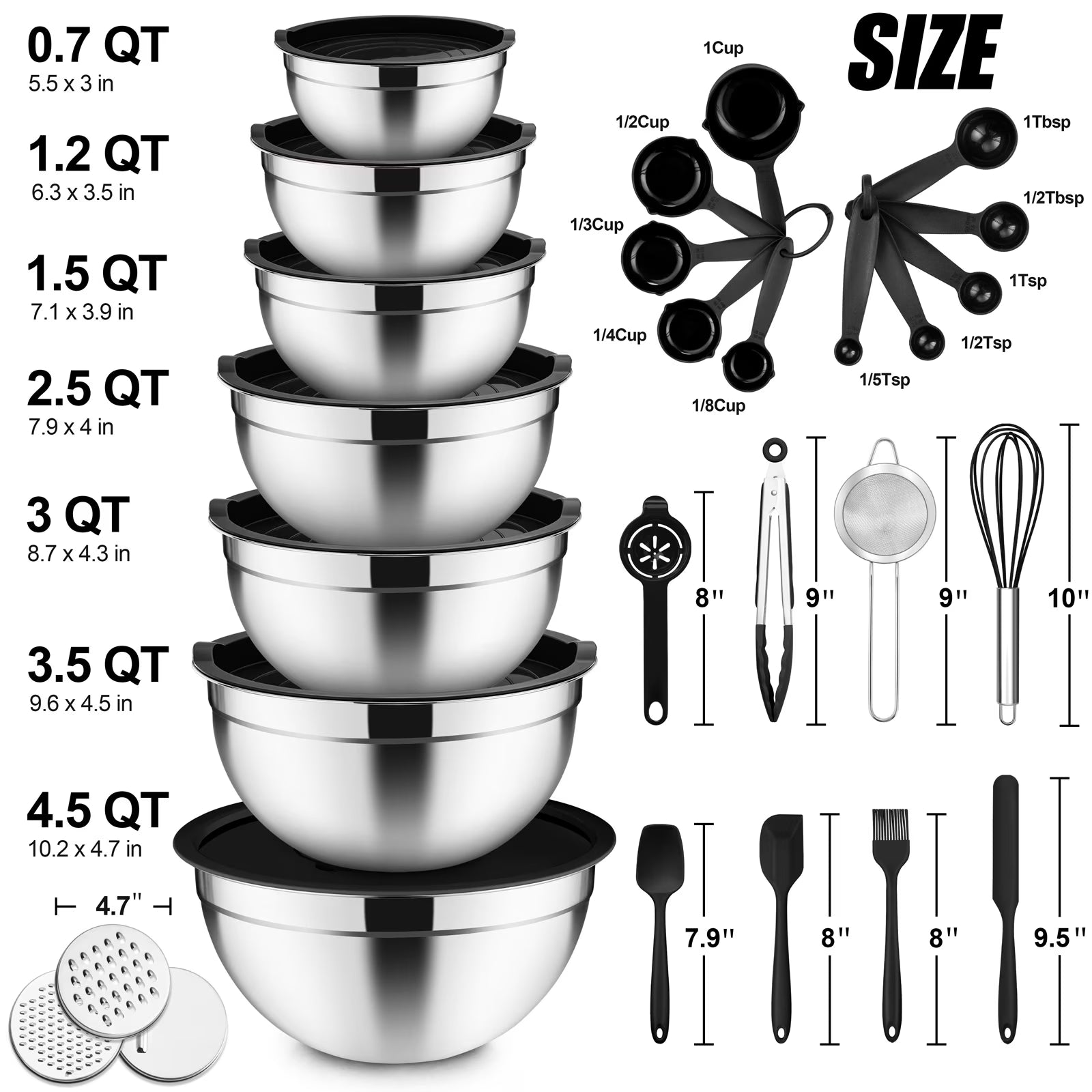 Vesteel 35PCS Mixing Bowls with Lids Set, Stainless Steel Nesting Salad Prep Bowls Attach with 3 Graters & Kitchen Utensils for Mixing Serving Grating, Size 4.5/3.5/3/2.5/1.5/1.2/0.7 QT, Black