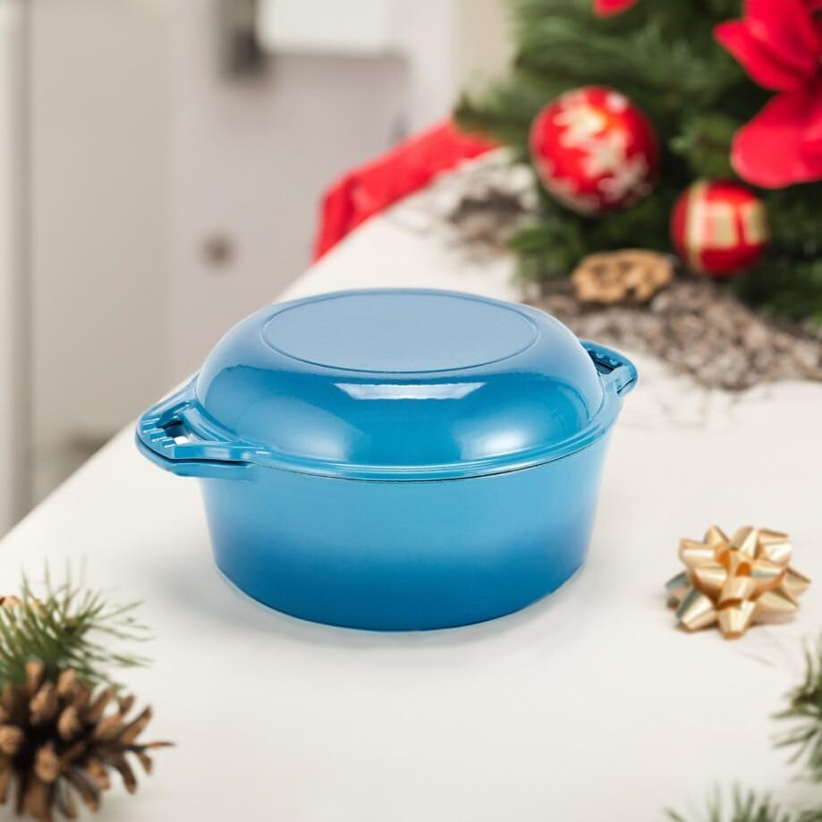 Bruntmor 2-In-1 Enamel Cast Iron Dutch Oven with Handles - Crock Pot Blue Cast Iron Pot with Skillet Lid - All-In-One Cookware Braising Pan for Casserole Dish - 7 Quart, Blue