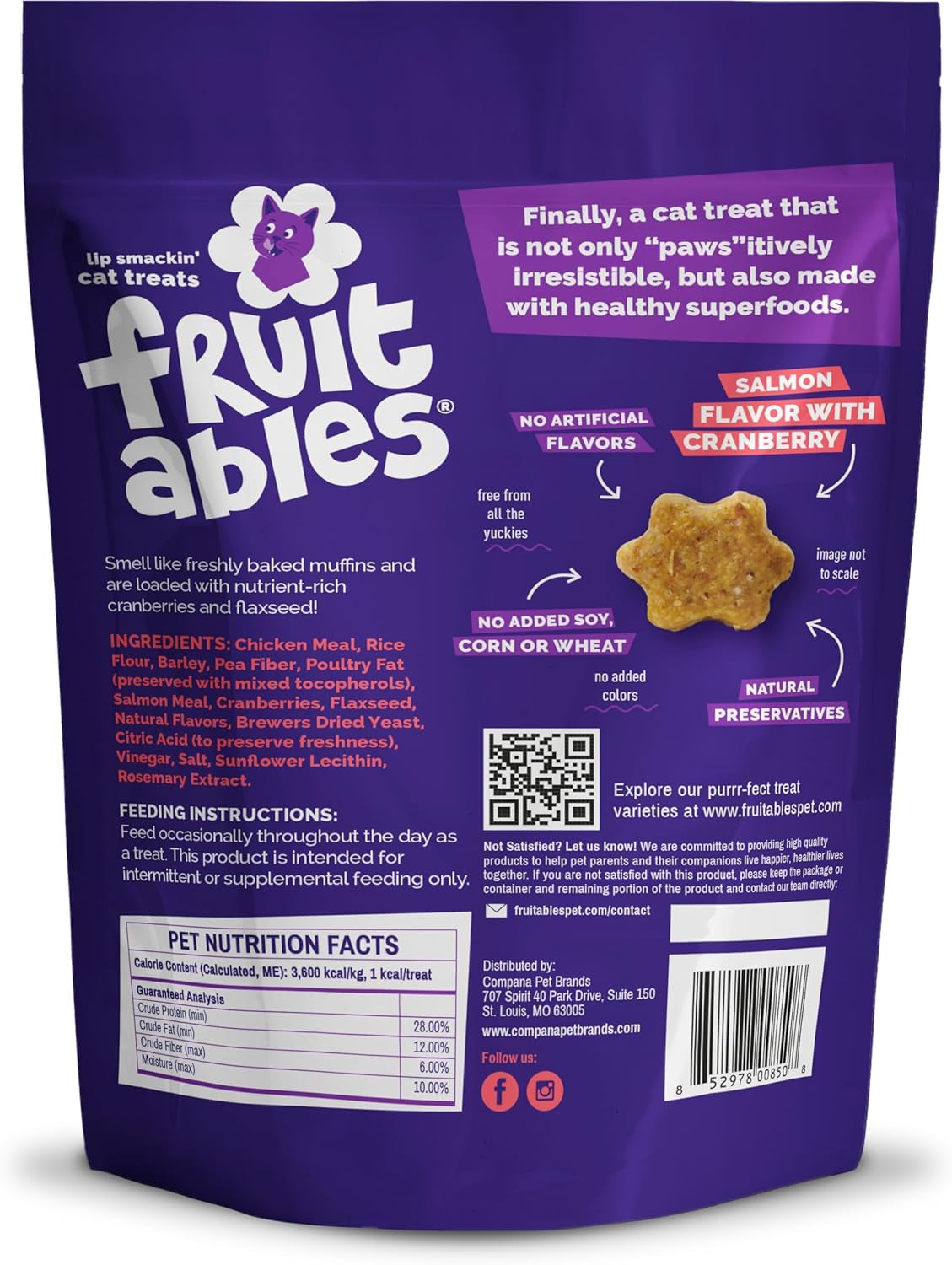 Fruitables Cat Treats, Healthy Treats for Cats, Low Calorie and Packed with Protein, Crunchy Biscuits, No Wheat, Corn or Soy, Made with Real Salmon and Cranberry, 2.5Oz