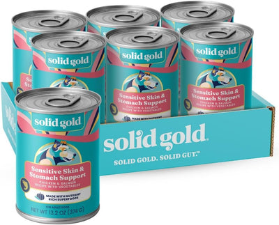 Solid Gold Sensitive Stomach Wet Dog Food for Adult & Senior Dogs - Grain Free Wet Dog Food W/Real Chicken, Salmon, Probiotics & Superfoods for Gut Health & Sensitive Stomach Support -6Ct 12.5Oz Cans