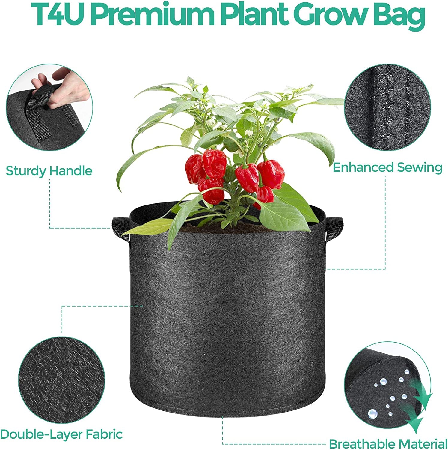 T4U Fabric Plant Grow Bags with Handle 10 Gallon Pack of 5, Heavy Duty Nonwoven Smart Garden Pot Thickened Aeration Nursery Container Black for Outdoor Flower and Vegetables