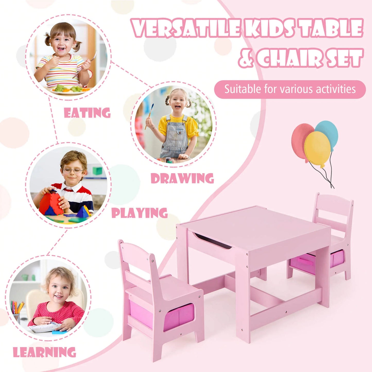 Costway 3 in 1 Wood Activity Table Chair Set W/Storage Box Pink