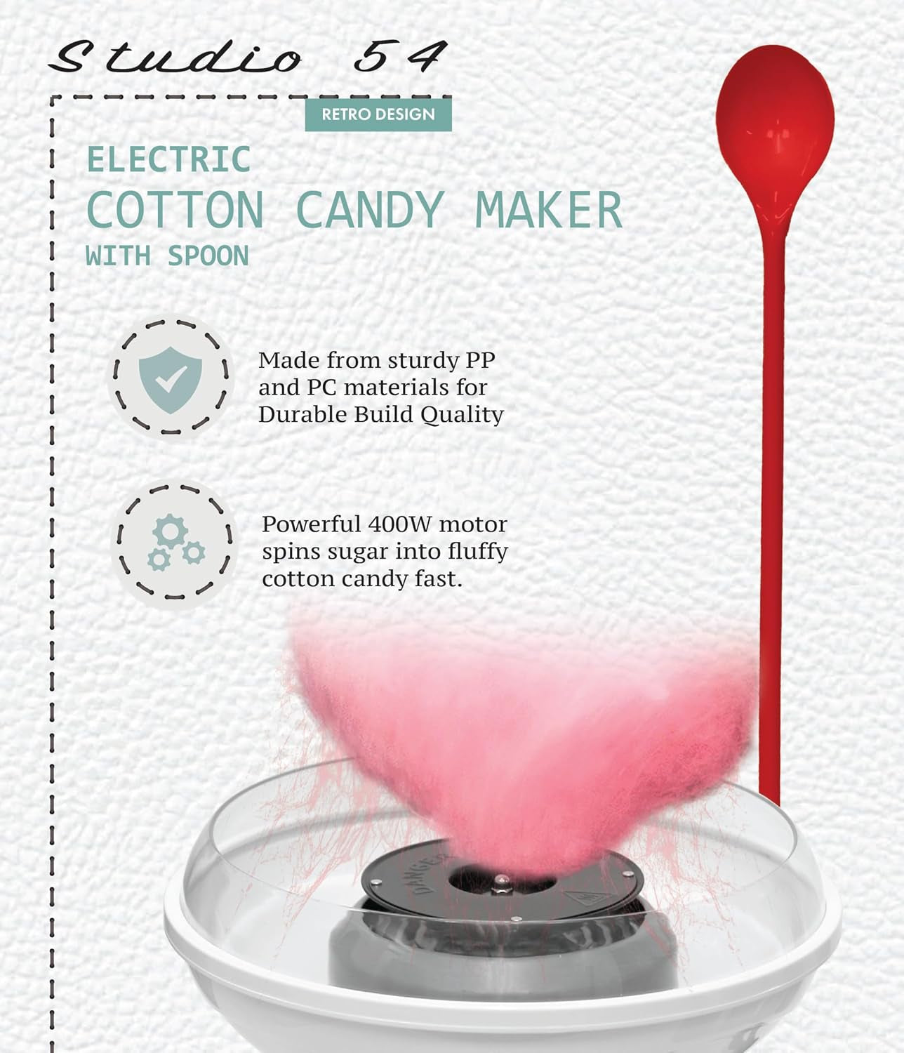 Retro Cotton Candy Machine with Spoon – Cotton Candy Maker for Home, Easy-Use Cotton Candy Machine for Kids, Durable Vintage Design, BPA & Lead-Free, Metallic Red