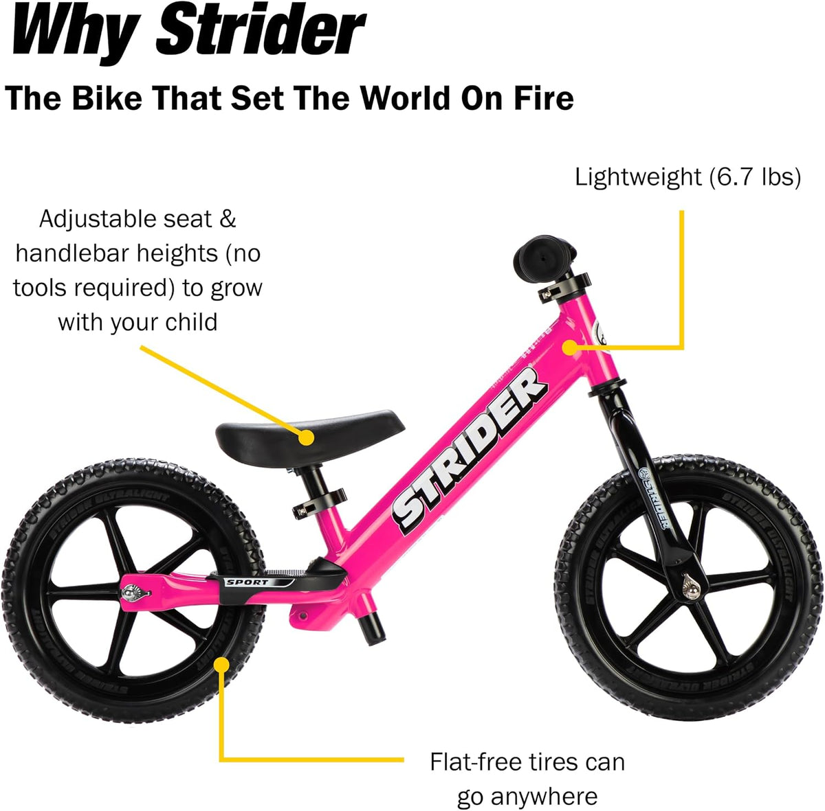 Strider 12 Sport, No Pedal Balance Bike for Kids Ages 1–4 Years, Pink