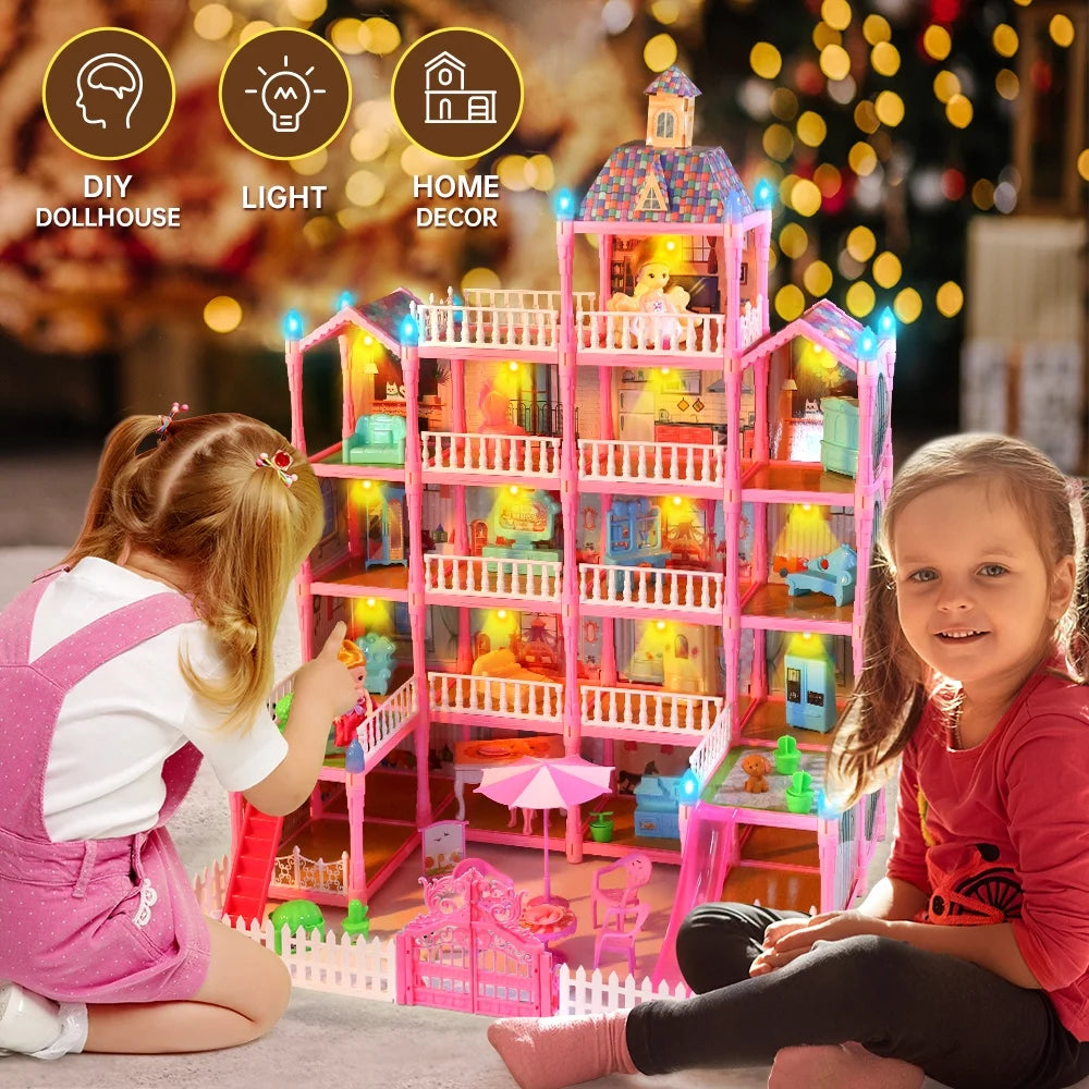 Joystone Doll House for Girls, 5-Story 19 Rooms Huge Dollhouse Playset with LED Lights, 2 Dolls, Furnitures, Accessories, DIY Pretend Play House Toys Gifts for Kids, Pink