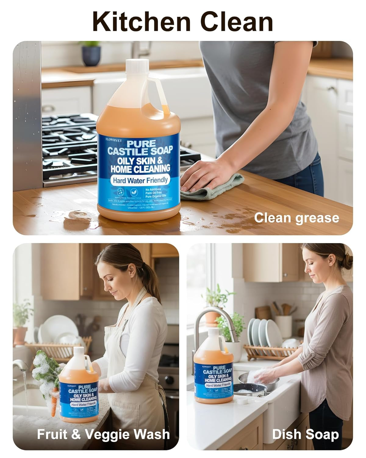 1 Gallon Pure Castile Soap Liquid EWG Verified Unscented | Oily Skin&Hard Water Friendly Organic Castille Hand Soap Refill, 128 Oz, Home Cleaning, Body Wash, , Concentrate Unscented