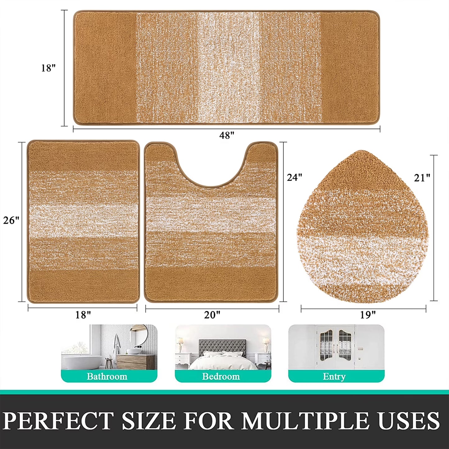 Ileading Traditional 4 Piece Microfiber Washable Bathroom Rug Set