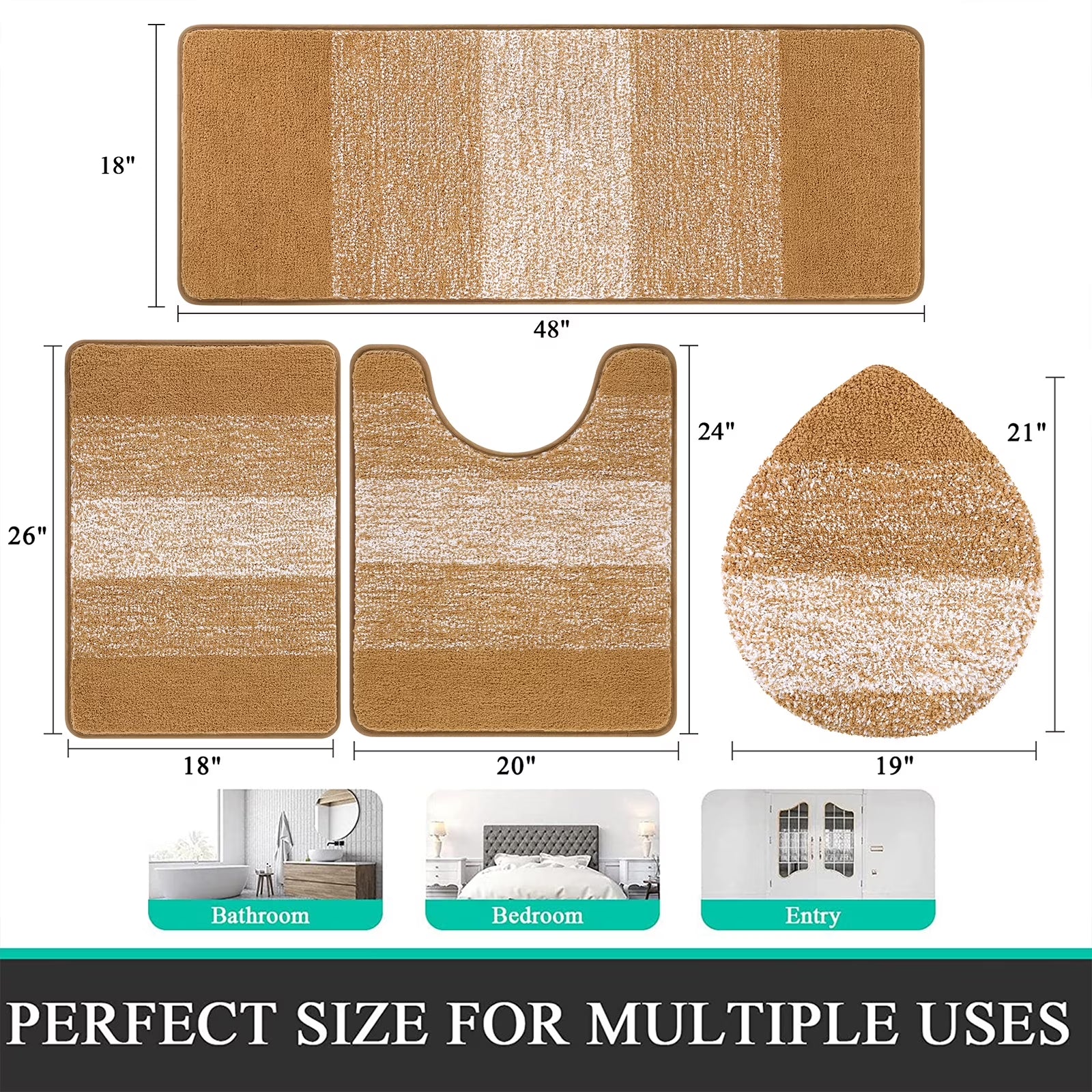 Ileading Traditional 4 Piece Microfiber Washable Bathroom Rug Set
