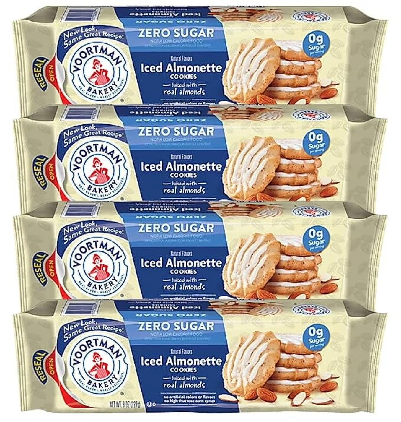 Voortman Bakery #1 in U.S. ZERO SUGAR COOKIES - Iced Almonette Cookies (Pack of 4 X 8 Oz Ea) Made Real Ingredients ... Delicious!