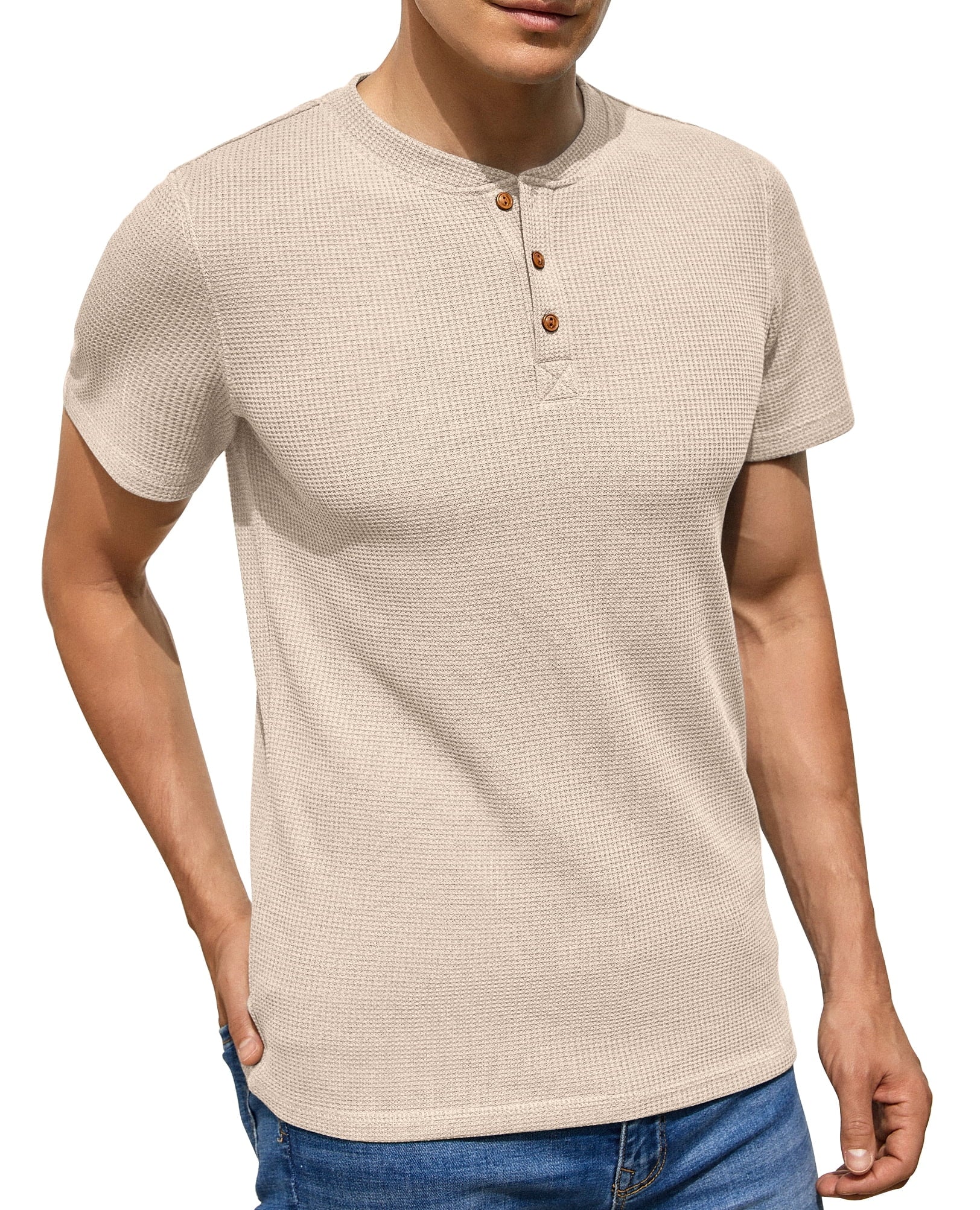 GIRUNS Men'S Short Sleeve Waffle Henley T-Shirt Summer Casual Tee for Men
