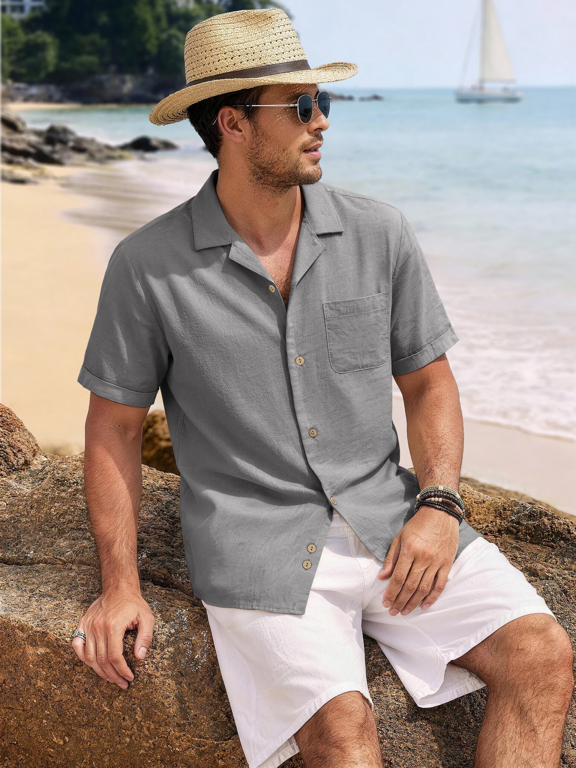 GENTS BLISS Men Linen Shirts Casual Short Sleeve Button down Shirts for Men Beach Tops with Pocket