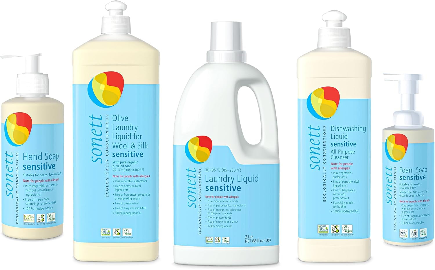 Sonett Organic Sensitive Line: Hand Soap, Dishwashing Liquid, Laundry Liquid for Wool & Silk, Foam Soap - Eco-Friendly, Hypoallergenic, Biodegradable