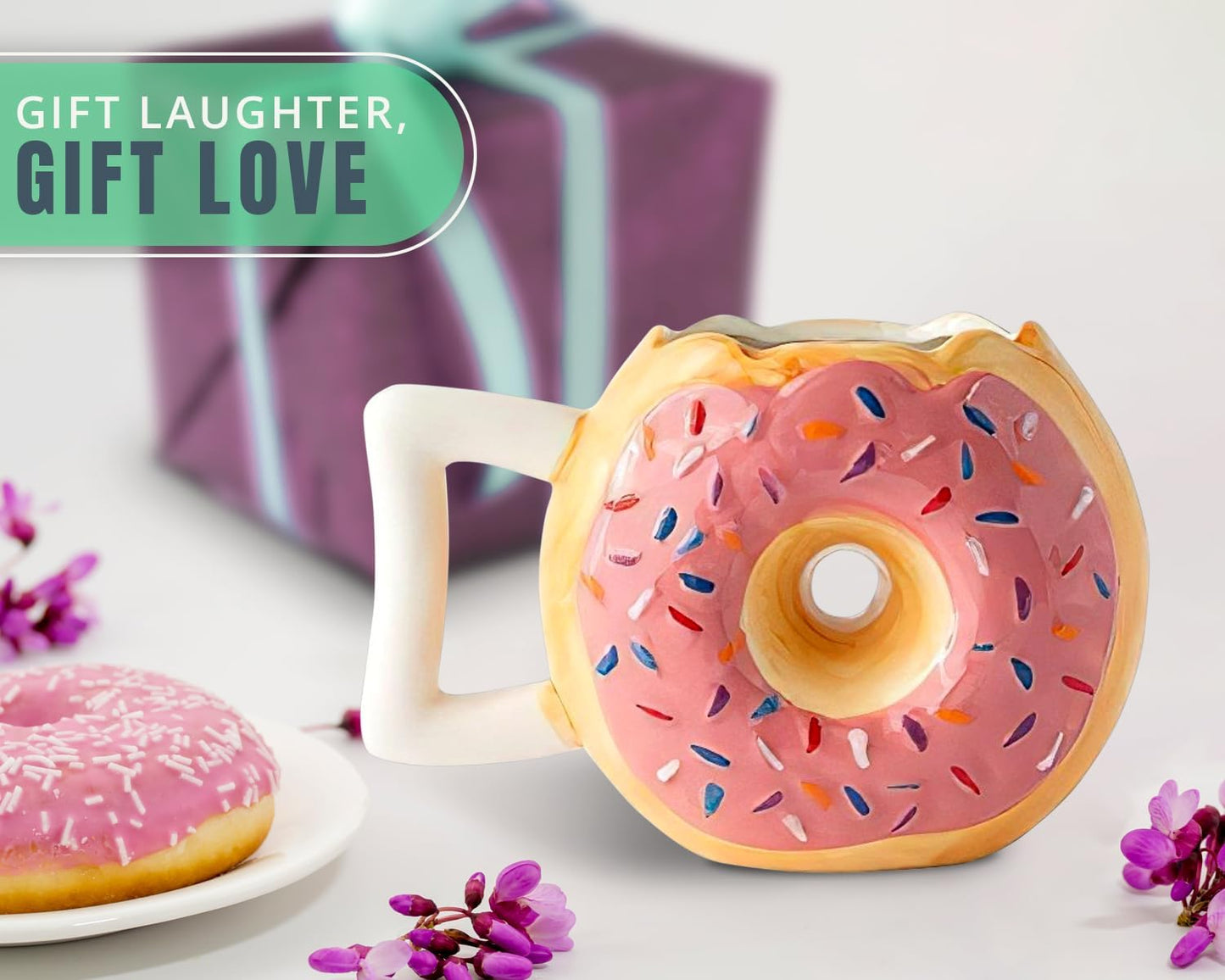 Ceramic Donut Mug - Delicious Pink Glaze Doughnut with Sprinkles - Funny "MMM... Donuts!" Quote - Best Cup for Coffee, Tea, Hot Chocolate and More - Large 14 Oz - Funny Coffee Mug Gift - Pink