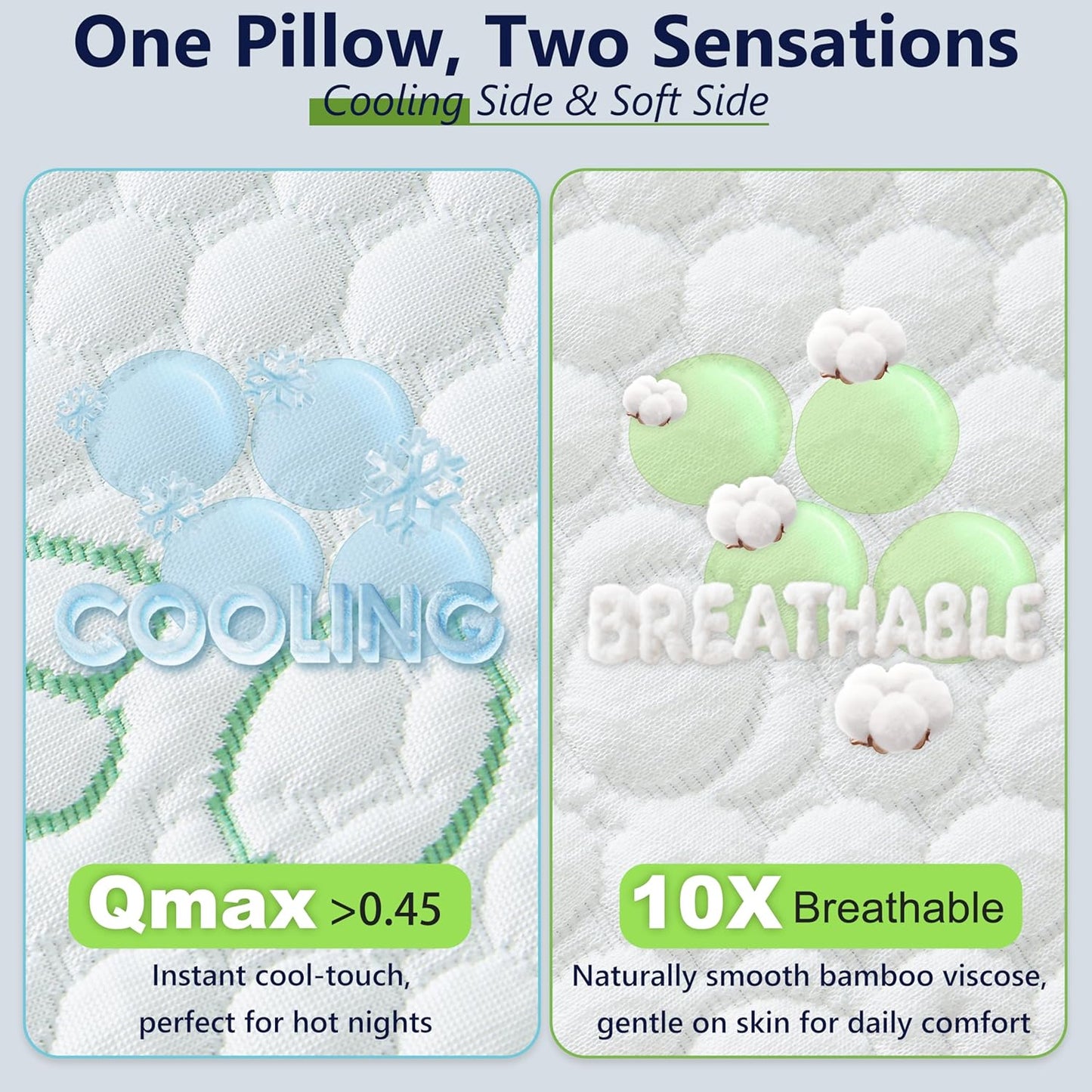 Memory Foam Pillows, Cooling Pillows Queen Size Set of 2 Adjustable Firm Bamboo Bed Pillows for Hot, Side, Back and Stomach Sleepers