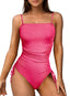Eytino Swim Suit Ribbed One Piece Swimsuits for Women Tie Side Tummy Control Swim Suit Ruched Drawstring Square Neck Swimming Suits Swimwear Pink L