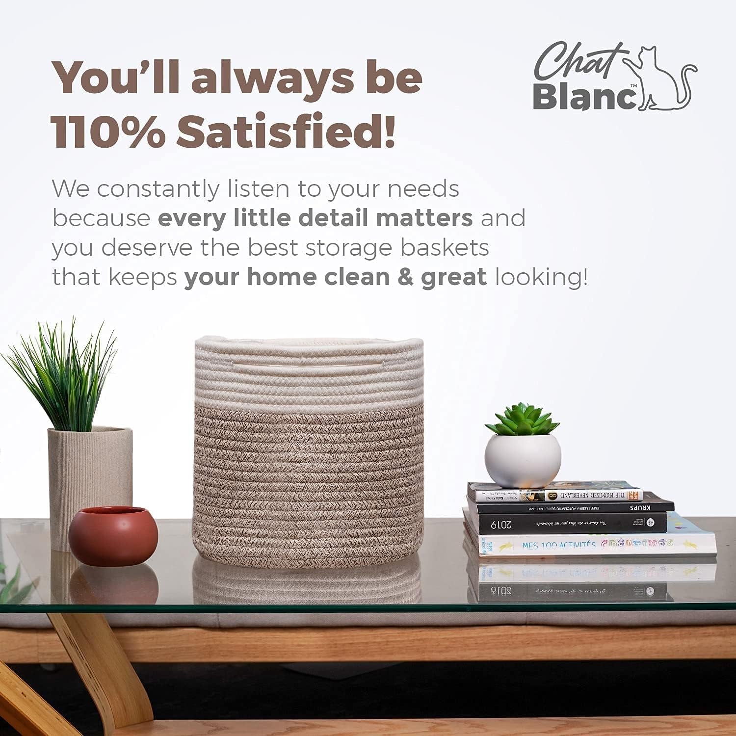 CHAT BLANC Cotton Rope Baskets for Organizing | 15”X10”X9” Storage Baskets for Shelves | Small Laundry Woven Baskets for Storage, Dog Toy Bin, Baby Basket,Off White&Brown 3 Pack