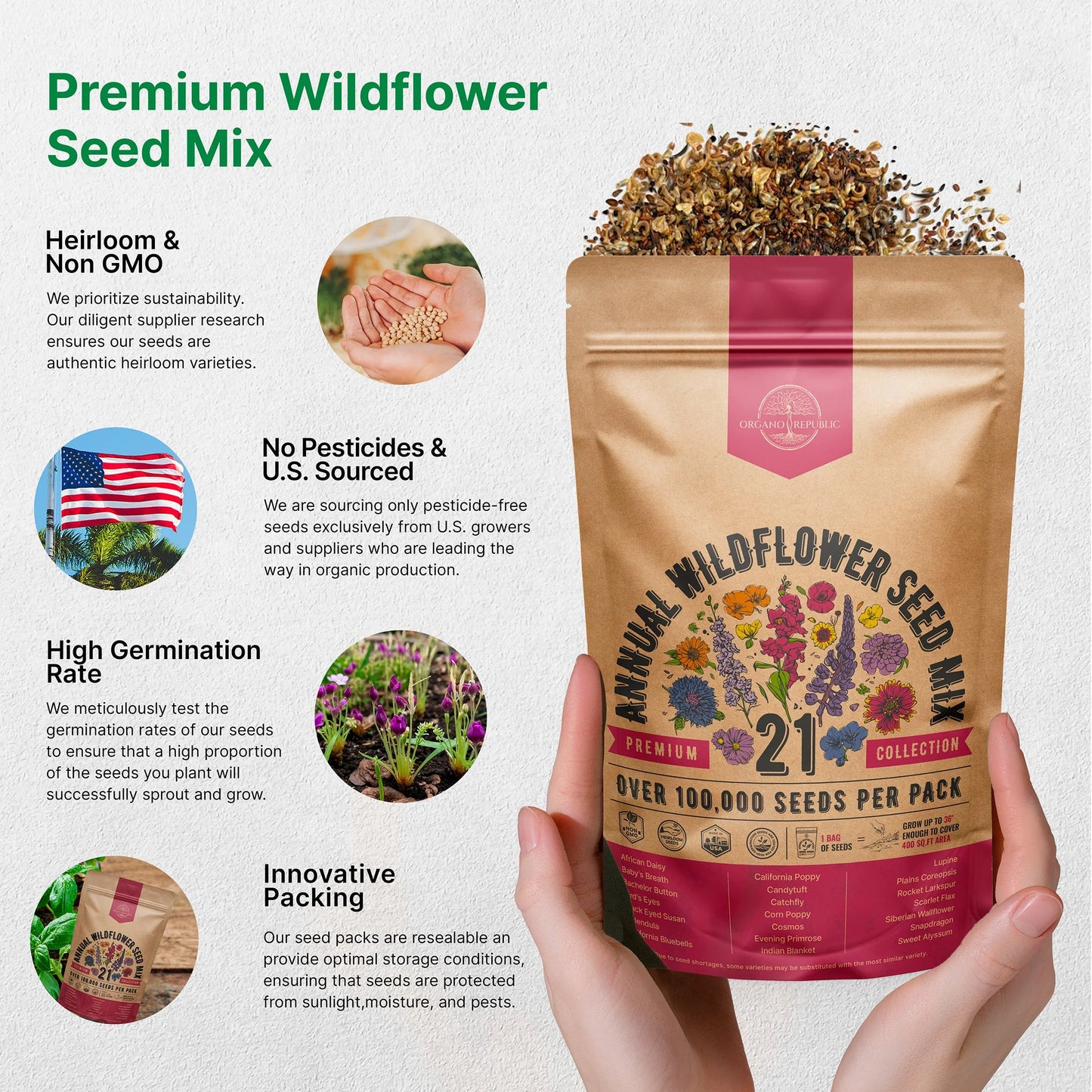 Organo Republic 21 Annual Wildflower Seeds Mix, 100,000+ Non-Gmo Heirloom Wildflower Garden Seeds