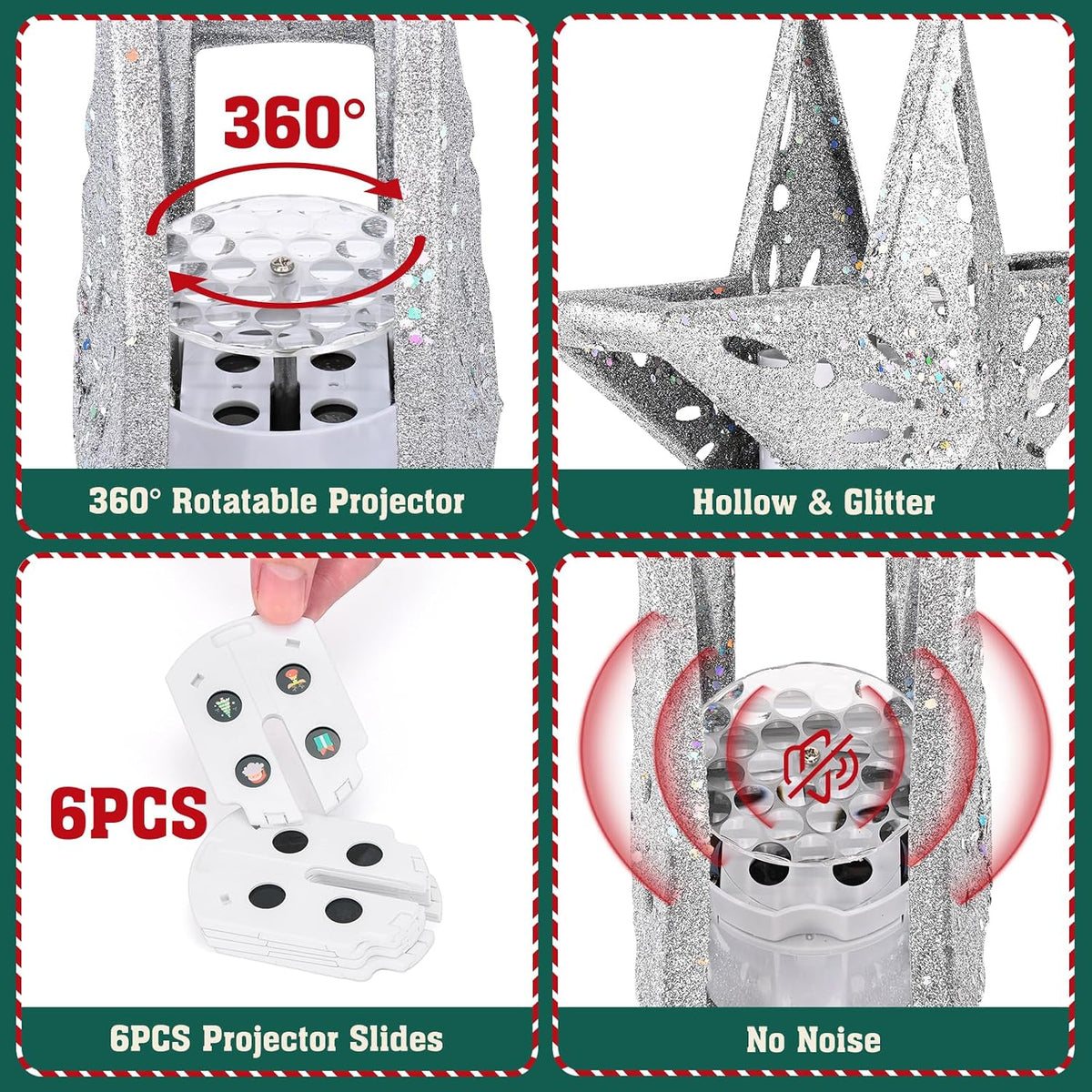 Christmas Tree Topper Lighted with 6 Patterns Projector, Christmas Tree Star Topper Built-In 3D Glitter LED Rotating Lights, Silver Tree Topper Christmas Decoration for Xmas Party Holiday