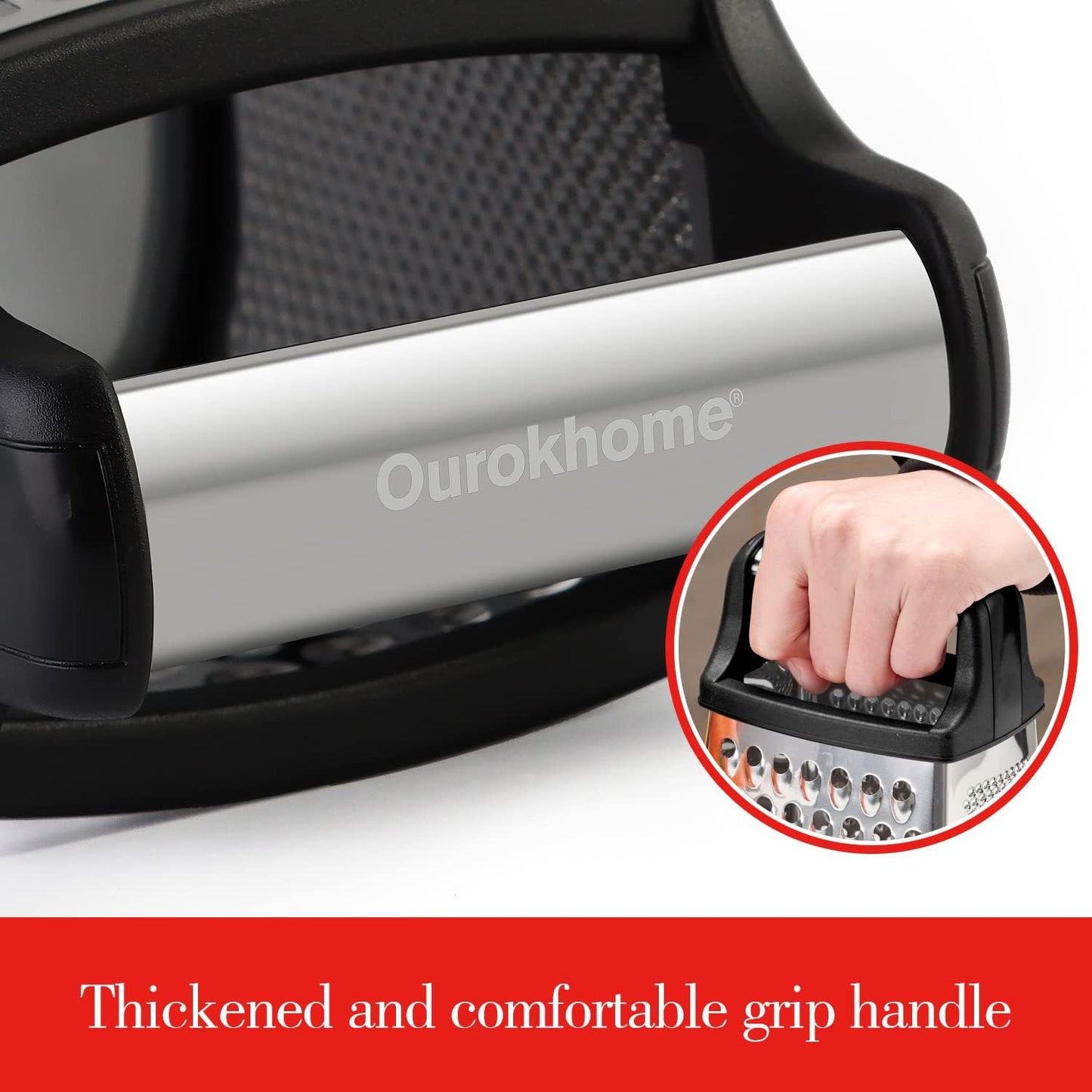 Ourokhome Cheese Grater with Handle, Stainless Steel Box Grater, 4 Side Kitchen Vegetable Shredder Slicer Zester with Container for Parmesan, Cabbage, Ginger, Lemon, Chocolate, Coconut (Black)