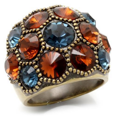 Antique Copper Brass Ring with Top Grade Crystal  in Multi Color