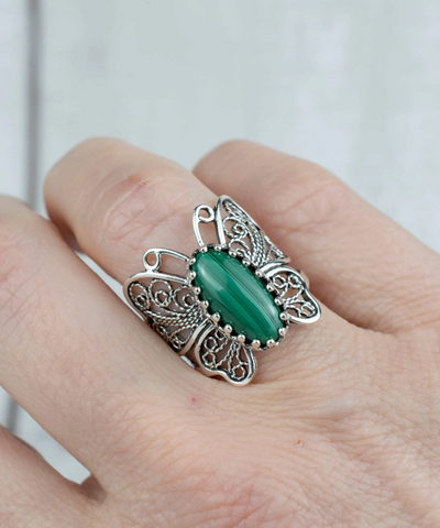 Sterling Silver Filigree Art Malachite Gemstone Butterfly Cocktail Ring