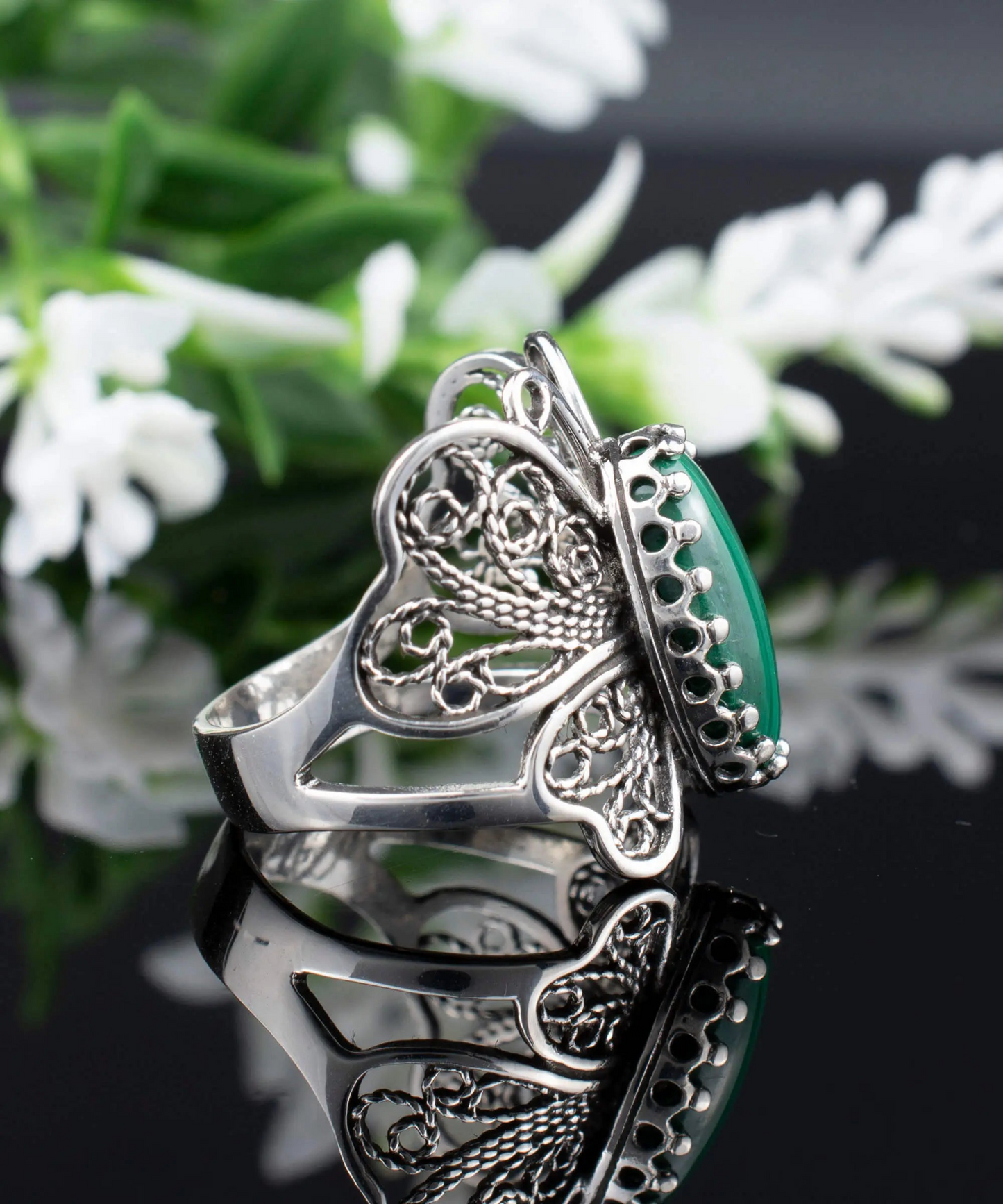 Sterling Silver Filigree Art Malachite Gemstone Butterfly Cocktail Ring