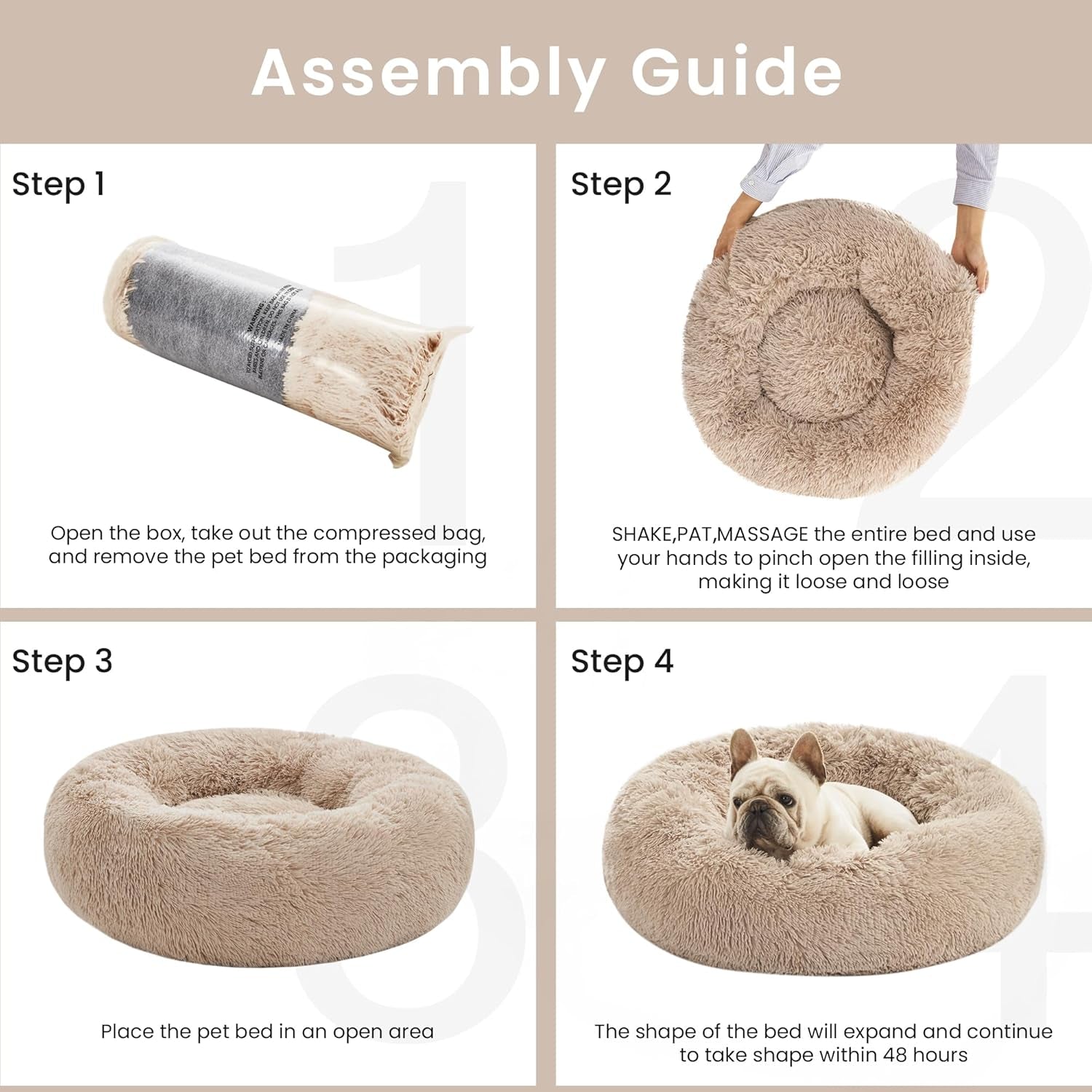 Love'S Cabin Calming Dog & Cat Bed, Cat Bed for Indoor Cats, Anti-Anxiety Donut round Bed, Fluffy Warming Pet Bed for Small Medium Dogs and Cats, Beige Taupe 20"/24"
