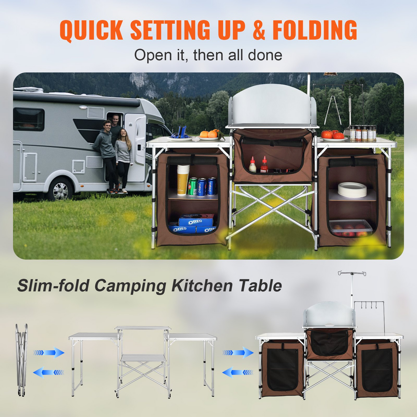 Camping Kitchen Table, Folding Outdoor Cooking Table with Storage Carrying Bag, Aluminum Cook Station 3 Cupboard & Detachable Windscreen, Quick Set-up for Picnics, BBQ, RV Traveling, Brown