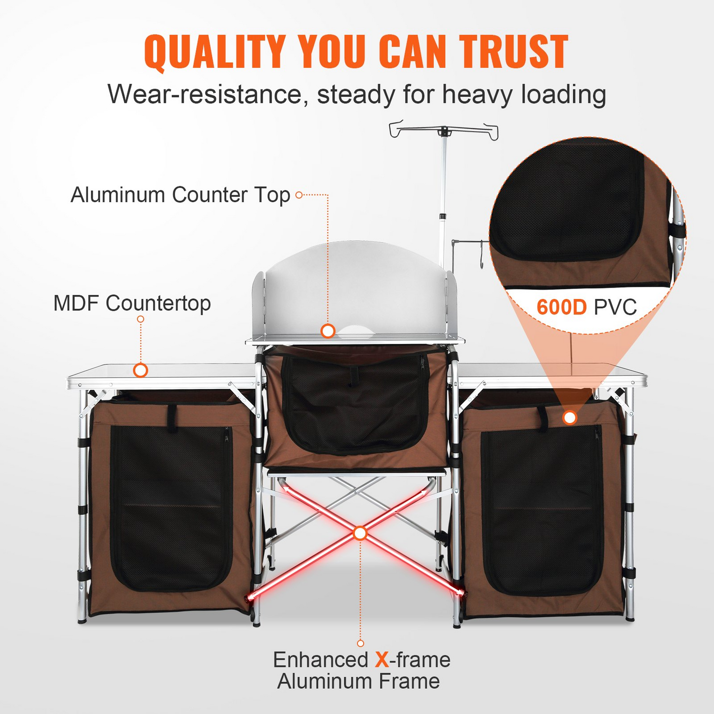 Camping Kitchen Table, Folding Outdoor Cooking Table with Storage Carrying Bag, Aluminum Cook Station 3 Cupboard & Detachable Windscreen, Quick Set-up for Picnics, BBQ, RV Traveling, Brown