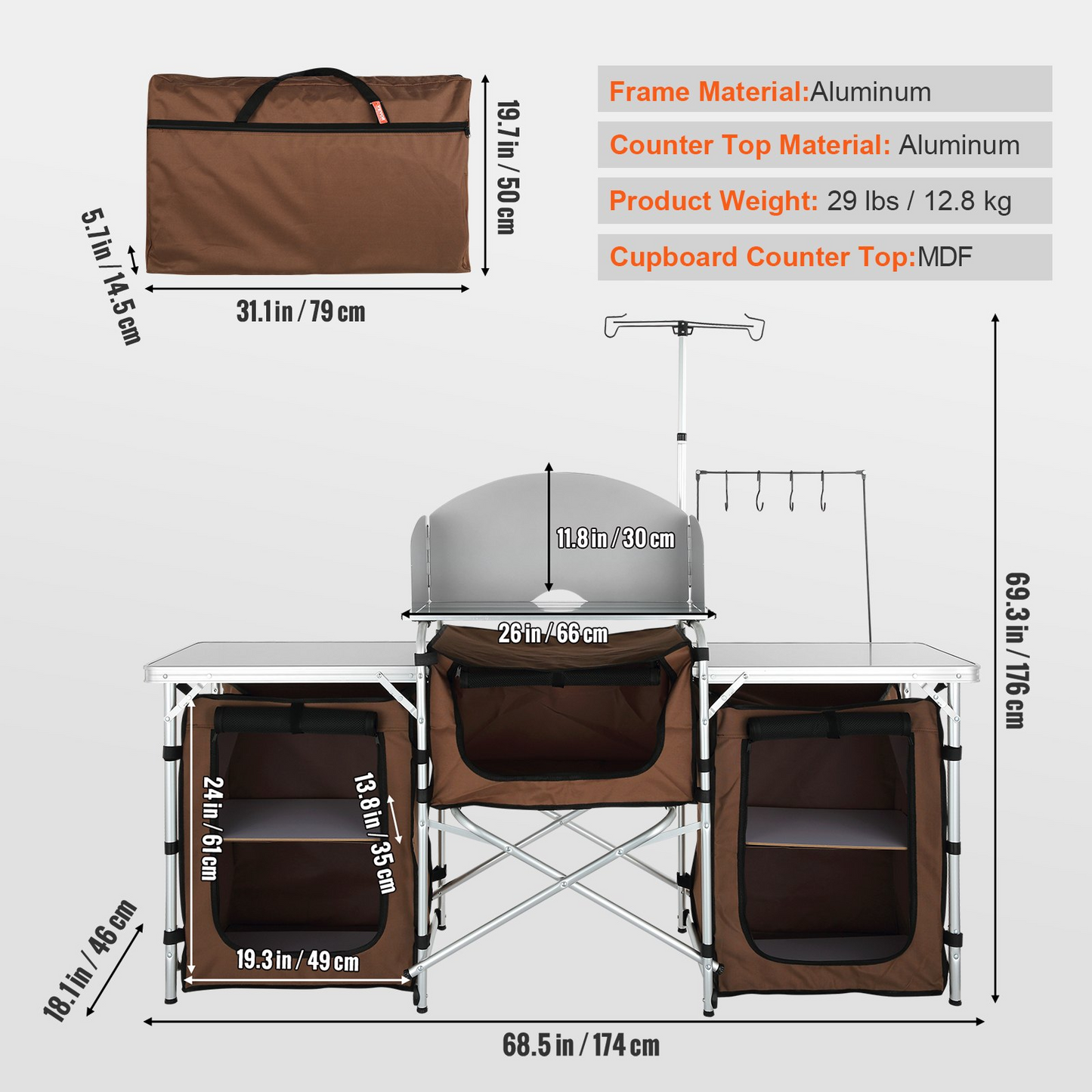 Camping Kitchen Table, Folding Outdoor Cooking Table with Storage Carrying Bag, Aluminum Cook Station 3 Cupboard & Detachable Windscreen, Quick Set-up for Picnics, BBQ, RV Traveling, Brown