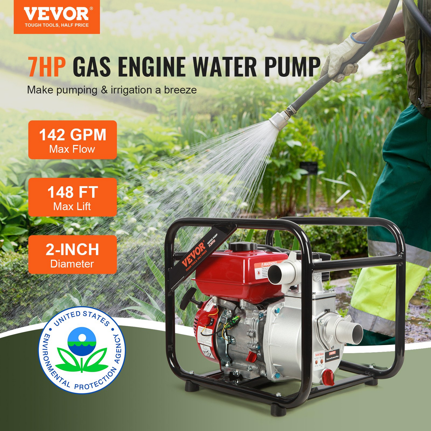 Gasoline Engine Water Pump, 2-inch, 7HP 142 GPM, 148ft Lift, 22ft Suction, 4-Stroke Gas Powered Trash Water Transfer Pump Portable High Pressure with 25ft Hose for Irrigation Pool, EPA Certified