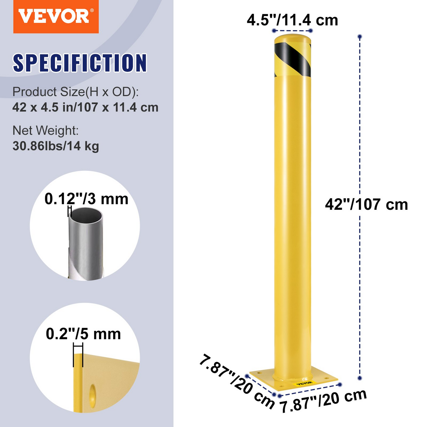 Safety Bollard, 42 Inch Height Bollard Post, 4.5 Inch Diameter Steel Pipe Safety Bollard Post, Yellow Steel Bollard, Steel Safety Bollard with 8 Anchor Bolts, Perfect for Traffic-Sensitive Area