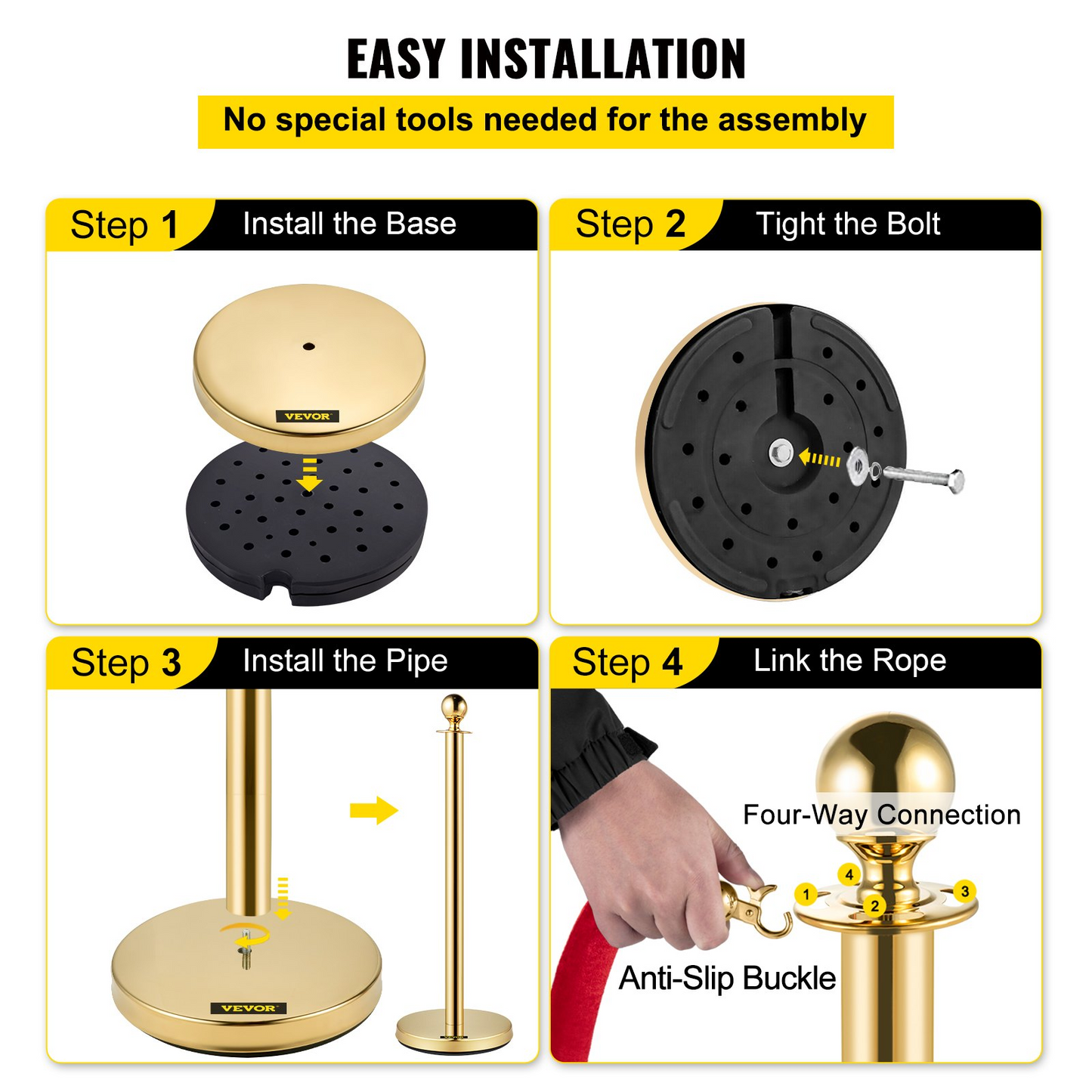 38 Inch Stanchion Posts Queue, Red Velvet Rope (3, Gold)