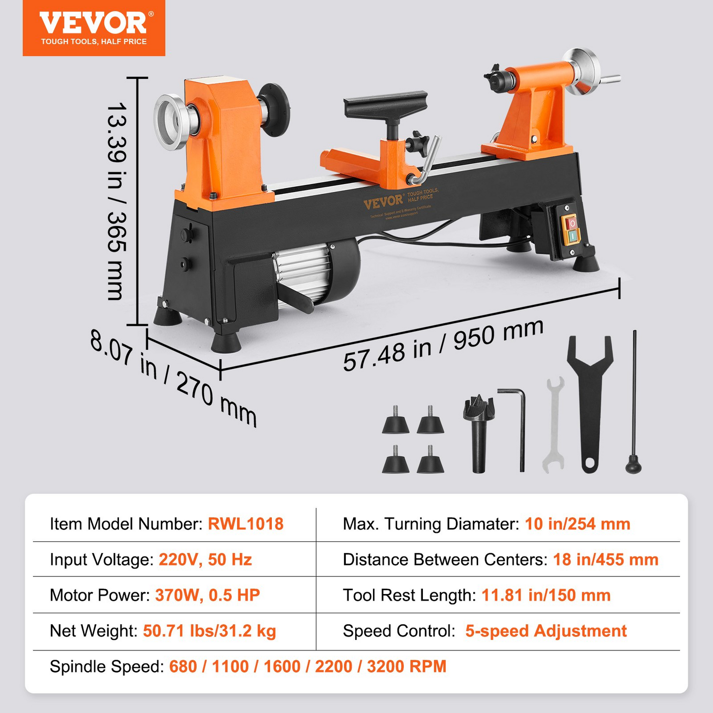 Benchtop Wood Lathe, 10 in x 18 in, 0.5 HP 370W Power Wood Turning Lathe Machine, 5 Variable Speeds 780/1320/1920/2640/3840 RPM with Rod Injection Wrenches Faceplate Foot Pads, for Woodworking