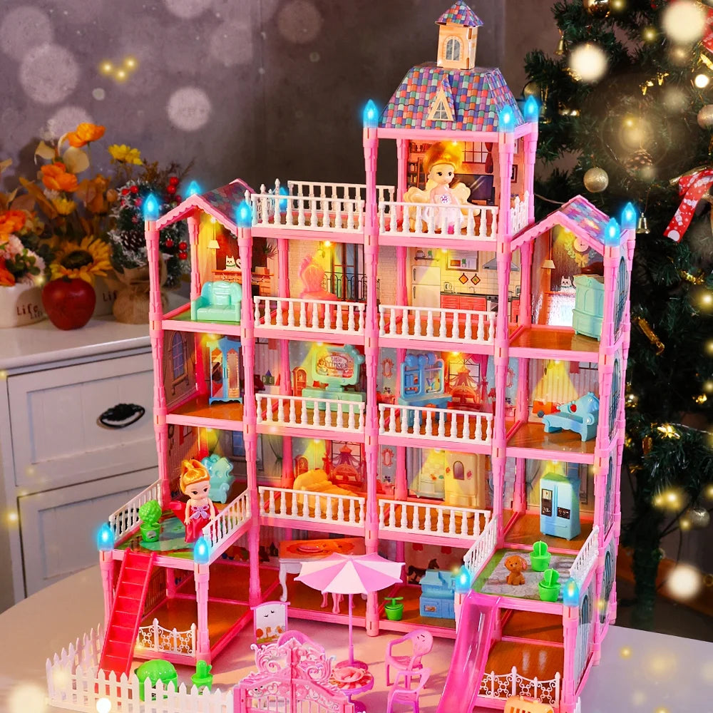 Joystone Doll House for Girls, 5-Story 19 Rooms Huge Dollhouse Playset with LED Lights, 2 Dolls, Furnitures, Accessories, DIY Pretend Play House Toys Gifts for Kids, Pink