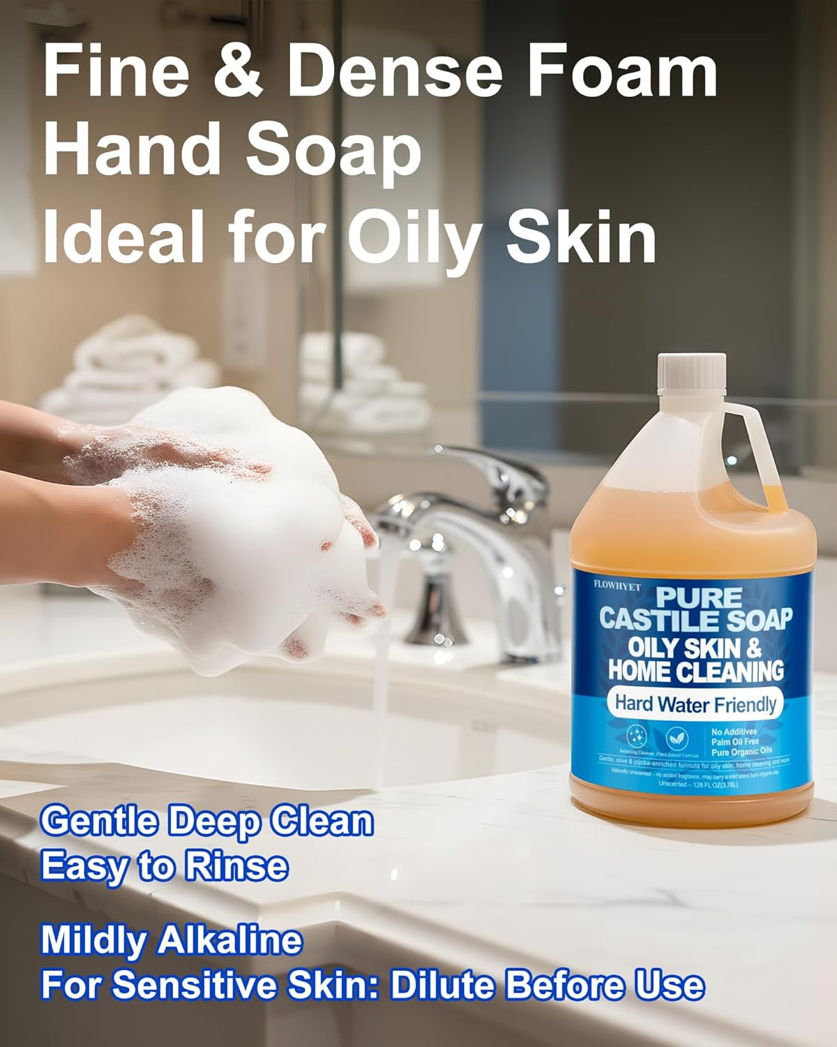 1 Gallon Pure Castile Soap Liquid EWG Verified Unscented | Oily Skin&Hard Water Friendly Organic Castille Hand Soap Refill, 128 Oz, Home Cleaning, Body Wash, , Concentrate Unscented