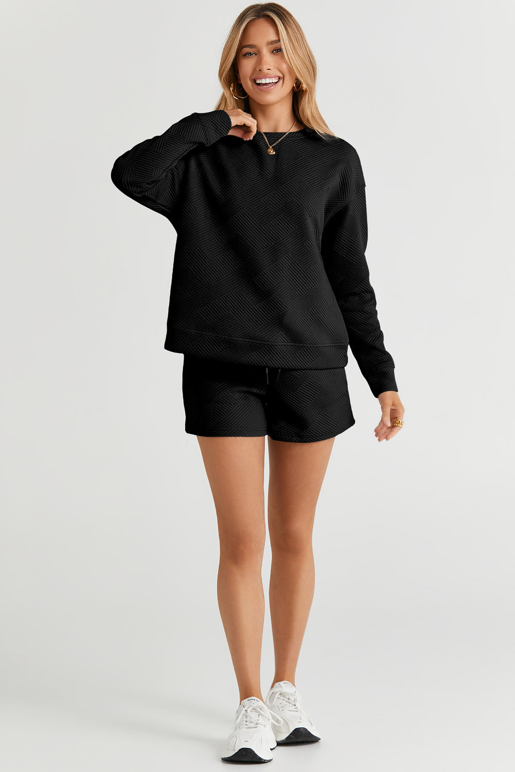 Adalyn Textured Long Sleeve Top and Drawstring Shorts Set