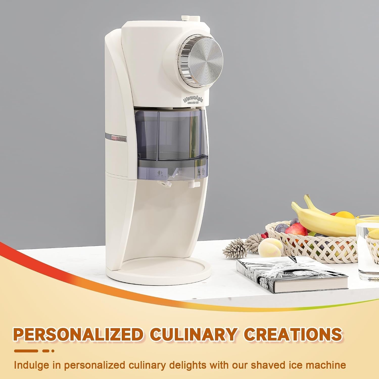 Snow Cone Machine - Shaved Ice Machine Equipped with Stainless Steel Blade Adjustment Knob to Freely Adjust the Thickness of the Snowflakes and 2 Reusable Plastic Ice Mold Cup (White)