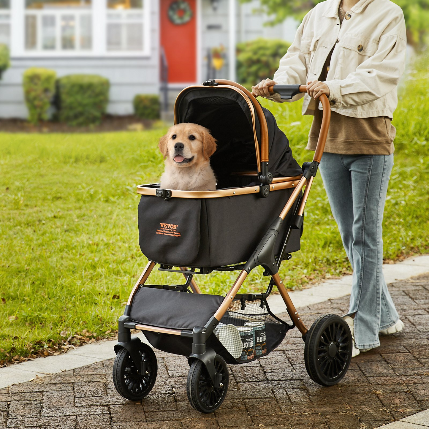 Pet Stroller, 4 Wheels Dog Stroller Rotate with Brakes, 66 lbs Weight Capacity, Puppy Stroller with Detachable Carrier, Storage Basket and Pet Pad, for Small to Medium Sized Dogs, Black