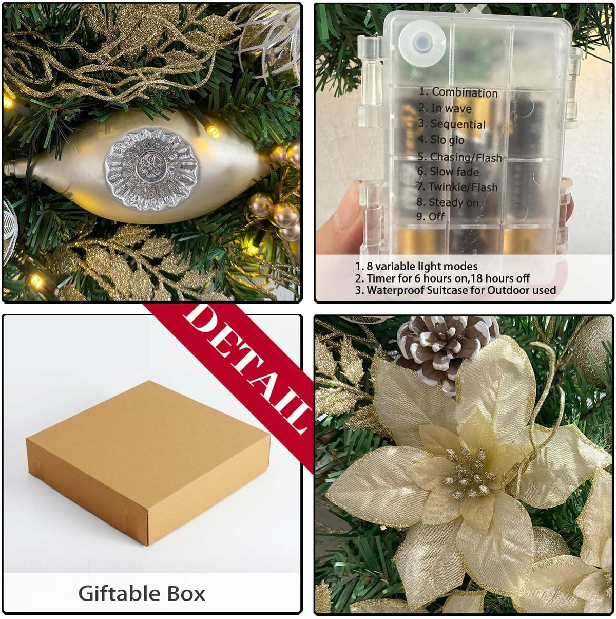 WANNA-CUL Pre-Lit 24 Inch Champagne Gold Christmas Wreath for Front Door