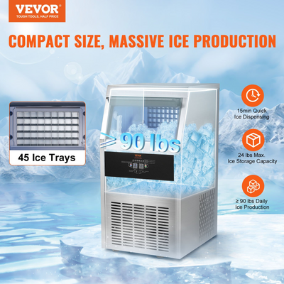 VEVOR Commercial Ice Maker, 90lbs/24H, Ice Maker Machine, 45 Ice Cubes in 12-15 Minutes, Freestanding Cabinet Ice Maker with 24lbs Storage Capacity LED Digital Display, for Bar Home Office Restaurant