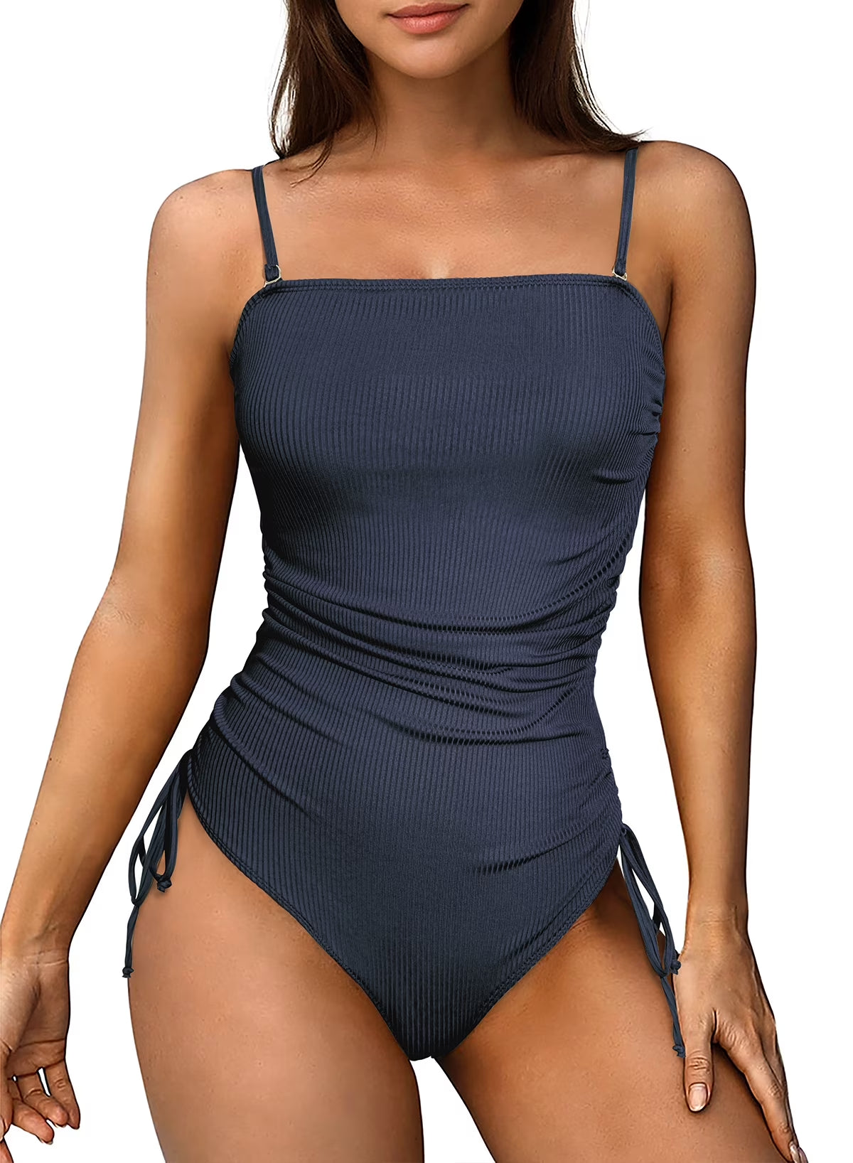 Eytino Womens Swimwear Ruched Drawstring One Piece Swimsuits Ribbed Tummy Control Swim Suit Tie Side Swimming Suits Blue L